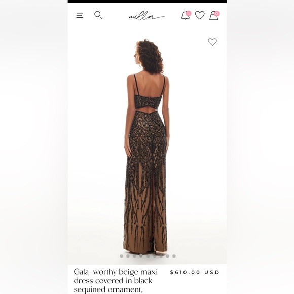Gala-worthy beige maxi dress covered in black sequined ornament - worn once - Picture 4 of 7